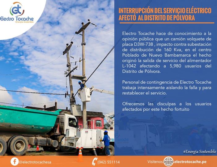 #ElectroTocache. Vehículo colisiono contra infraestructura de media tensión L-1042 en Nuevo Bambamarca.
