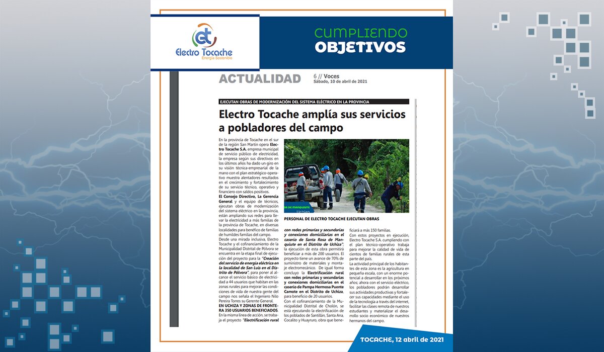 #DiarioVoces.
                                        Electro Tocache
                                        amplía sus servicios a pobladores del
                                        campo.