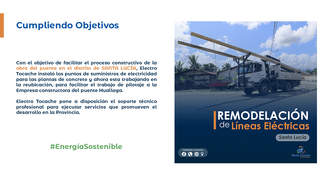 #ElectroTocche.
                                        Electro Tocache instaló los
                                        puntos de suministros de electricidad
                                        para las plantas de concreto con el
                                        objetivo de facilitar el proceso
                                        constructivo de la
                                        obra del puente en el distrito de SANTA
                                        LUCÍA.